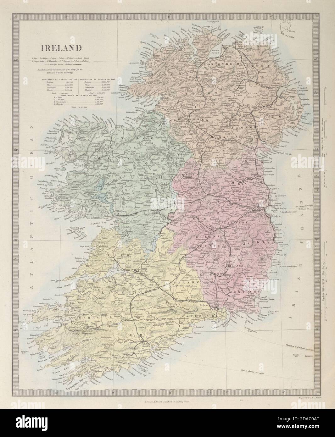 IRELAND. Showing roads, railways, canals and provinces. SDUK 1857 old map Stock Photo