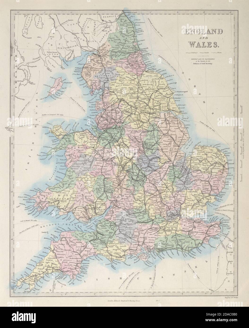 ENGLAND AND WALES. Canals and Railways. SDUK 1857 old antique map plan chart Stock Photo