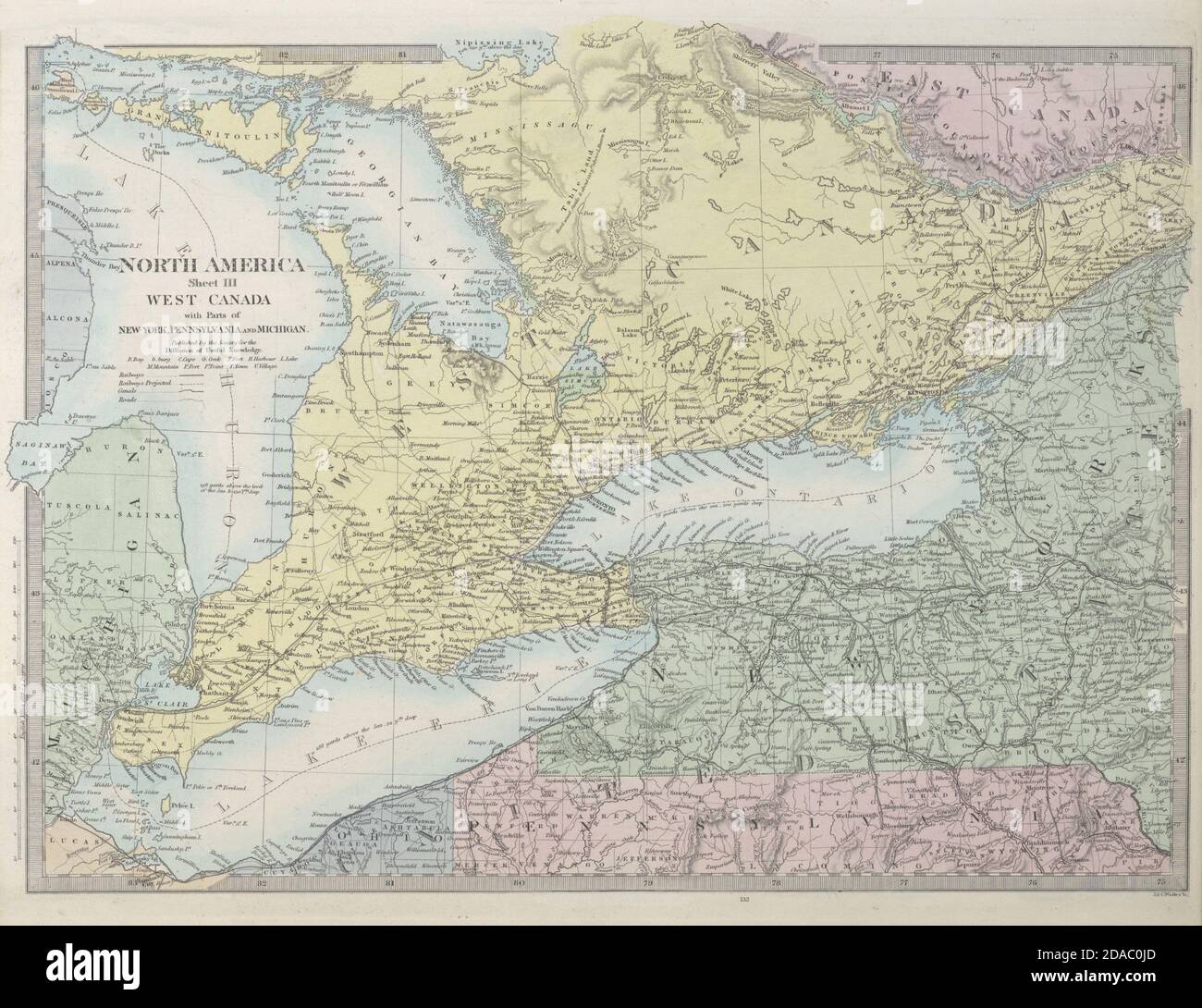 GREAT LAKES Huron Erie Ontario. Upstate New York. Railways. SDUK 1857 old map Stock Photo