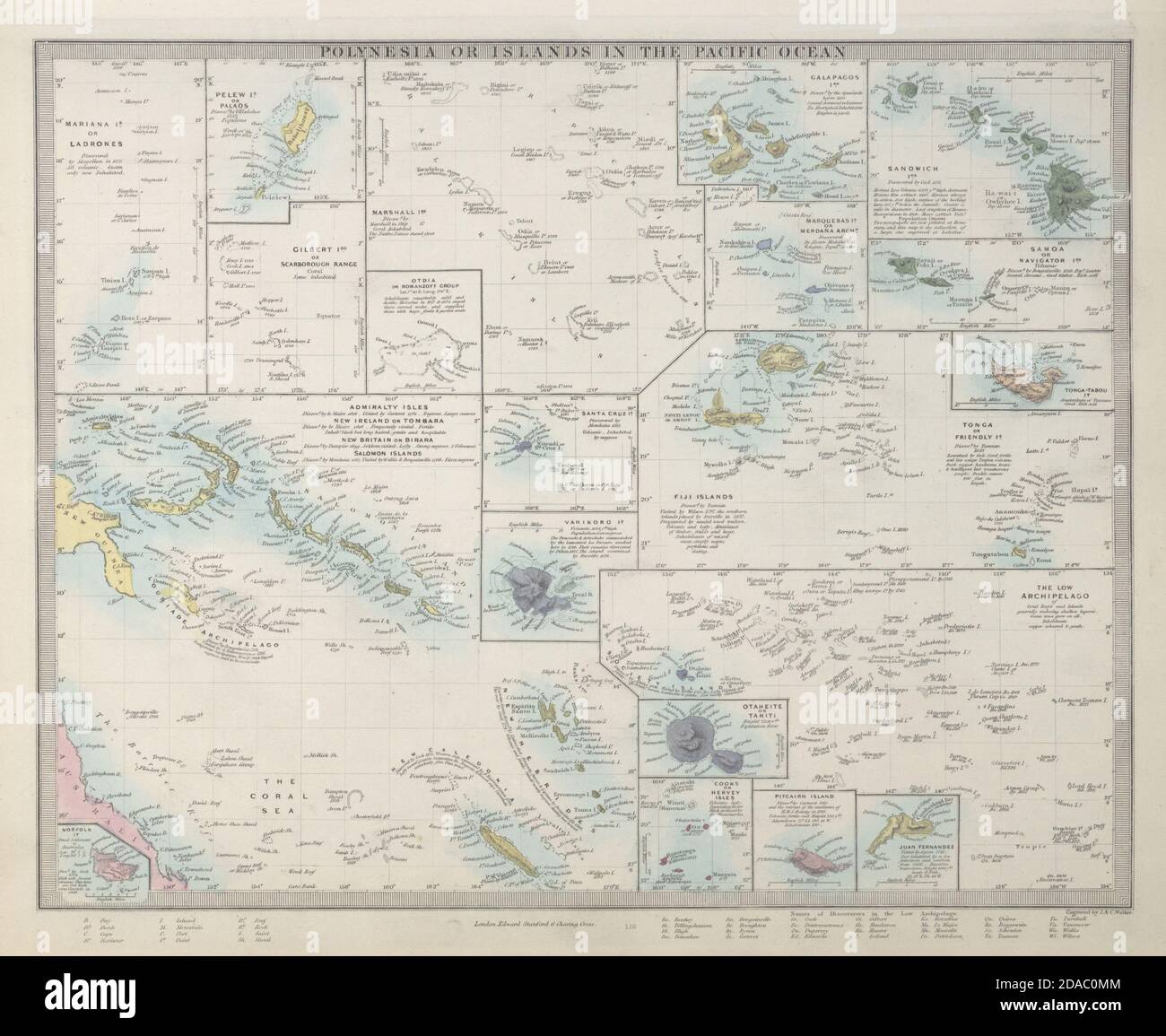 PACIFIC ISLANDS. Polynesia Hawaii Samoa Fiji Tonga Tahiti Cook. SDUK 1857 map Stock Photo