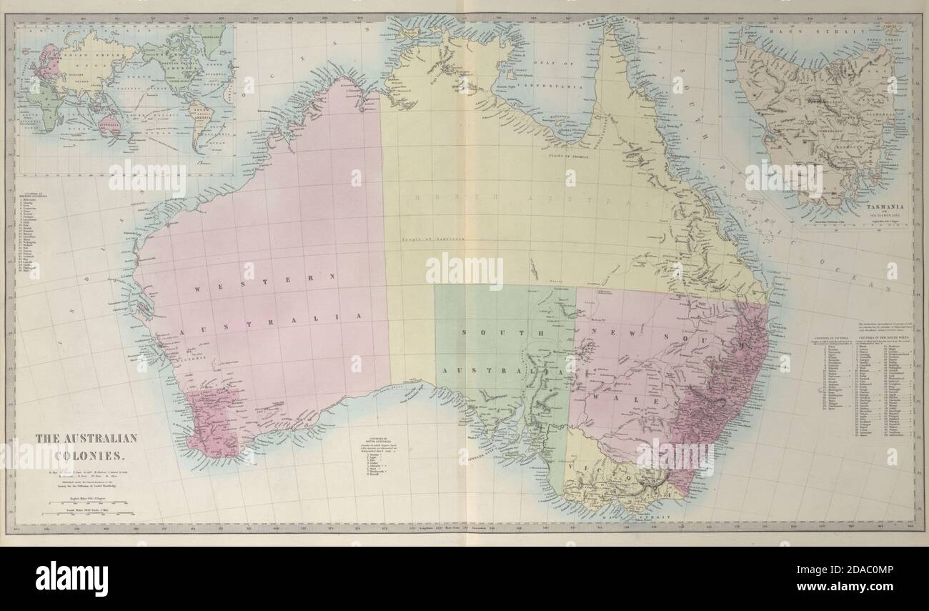 AUSTRALIAN COLONIES w/ counties. Predates Queensland (Est. 1859). SDUK 1857 map Stock Photo