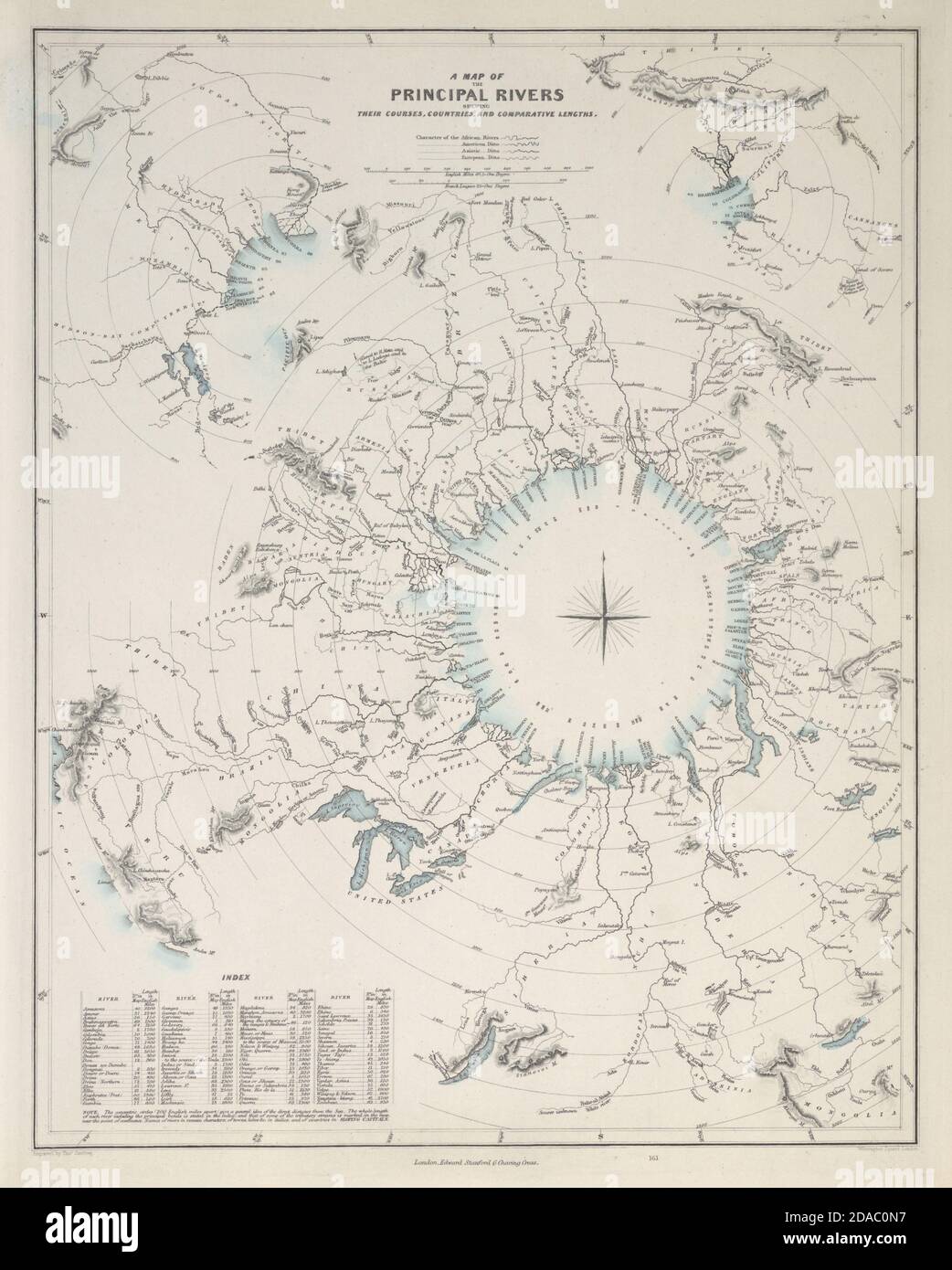 Comparative lengths of World's PRINCIPAL RIVERS. Amazon longest. SDUK 1857 map Stock Photo