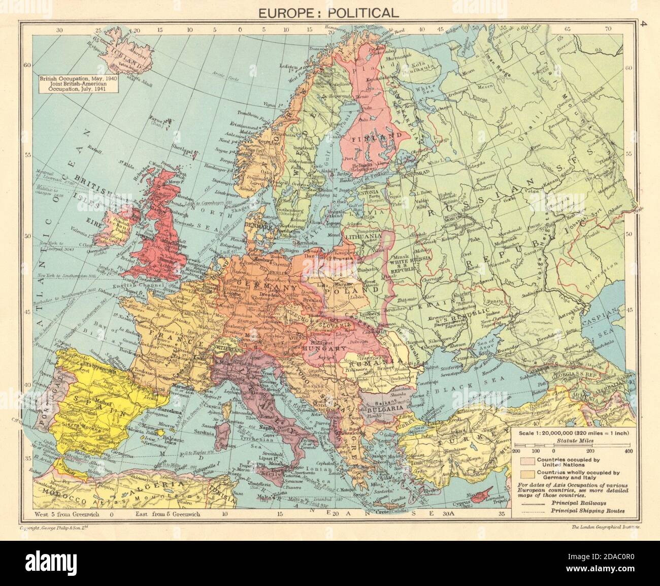 SECOND WORLD WAR. Nazi-Germany Axis Occupied Europe. Divided Poland 1943 map Stock Photo