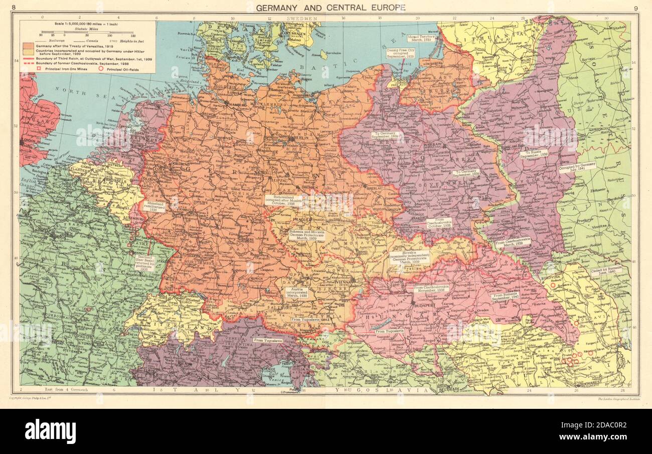 NAZI GERMANY Growth of the Third Reich. Occupied Poland Sudetenland &c 1943 map Stock Photo