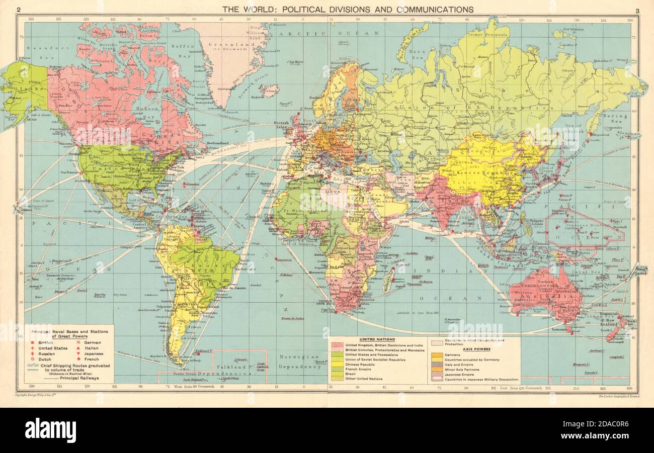 WORLD WAR 2. Nazi-occupied Europe. Japanese occupied China/Asia 1943 old map Stock Photo