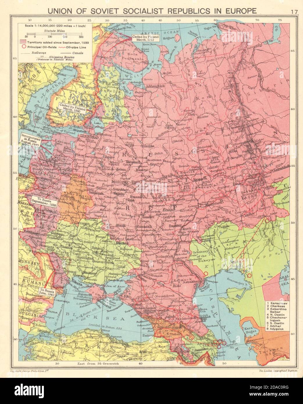 WORLD WAR TWO. European Russia. Russian Crimea Poland Finland Baltics 1943 map Stock Photo