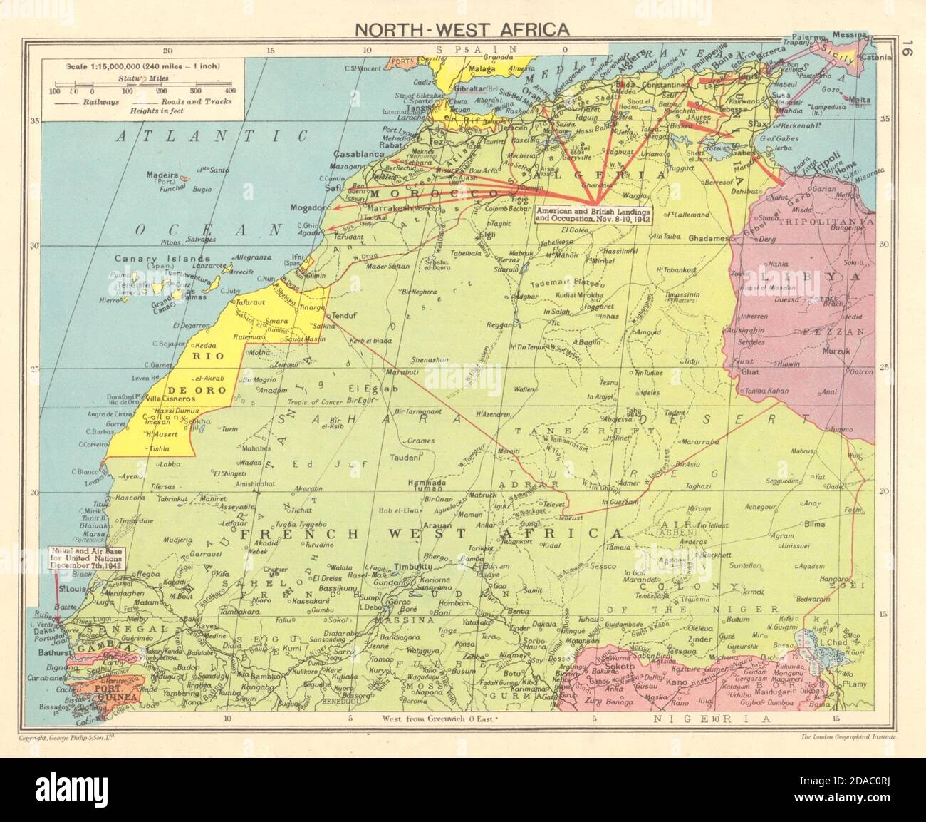 WORLD WAR 2 North-west Africa. Operation Torch landings. Dakar Air base 1943 map Stock Photo