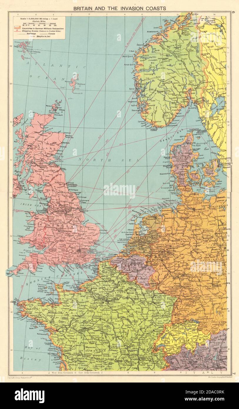 WORLD WAR 2. German occupied Northern Europe. France Denmark Norway 1943 map Stock Photo