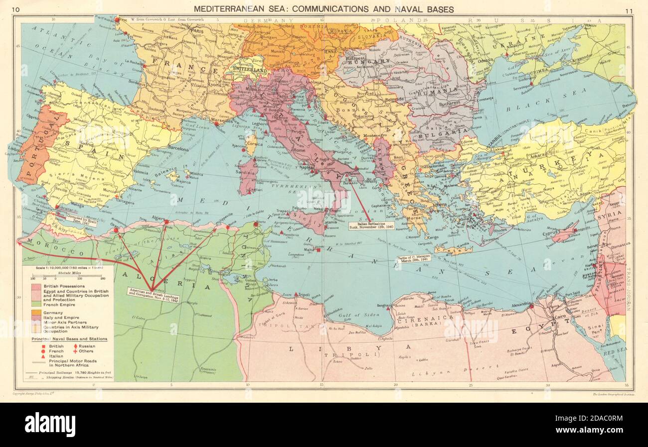 WW2 MEDITERRANEAN Naval Bases. Axis occupied Europe Allied North Africa 1943 map Stock Photo