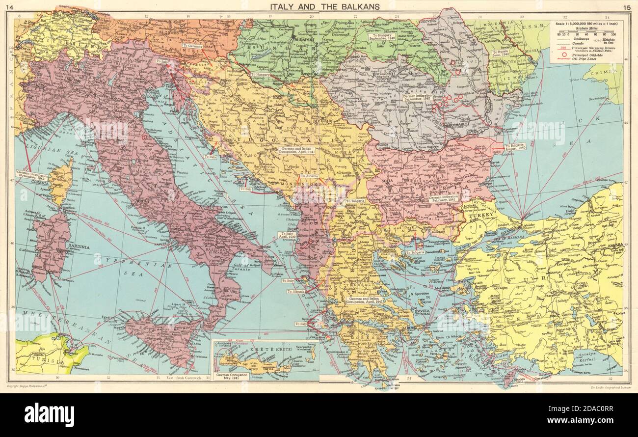 WORLD WAR 2. Axis occupied Balkans. Italian Istria Dalmatia Dodecanese 1943 map Stock Photo