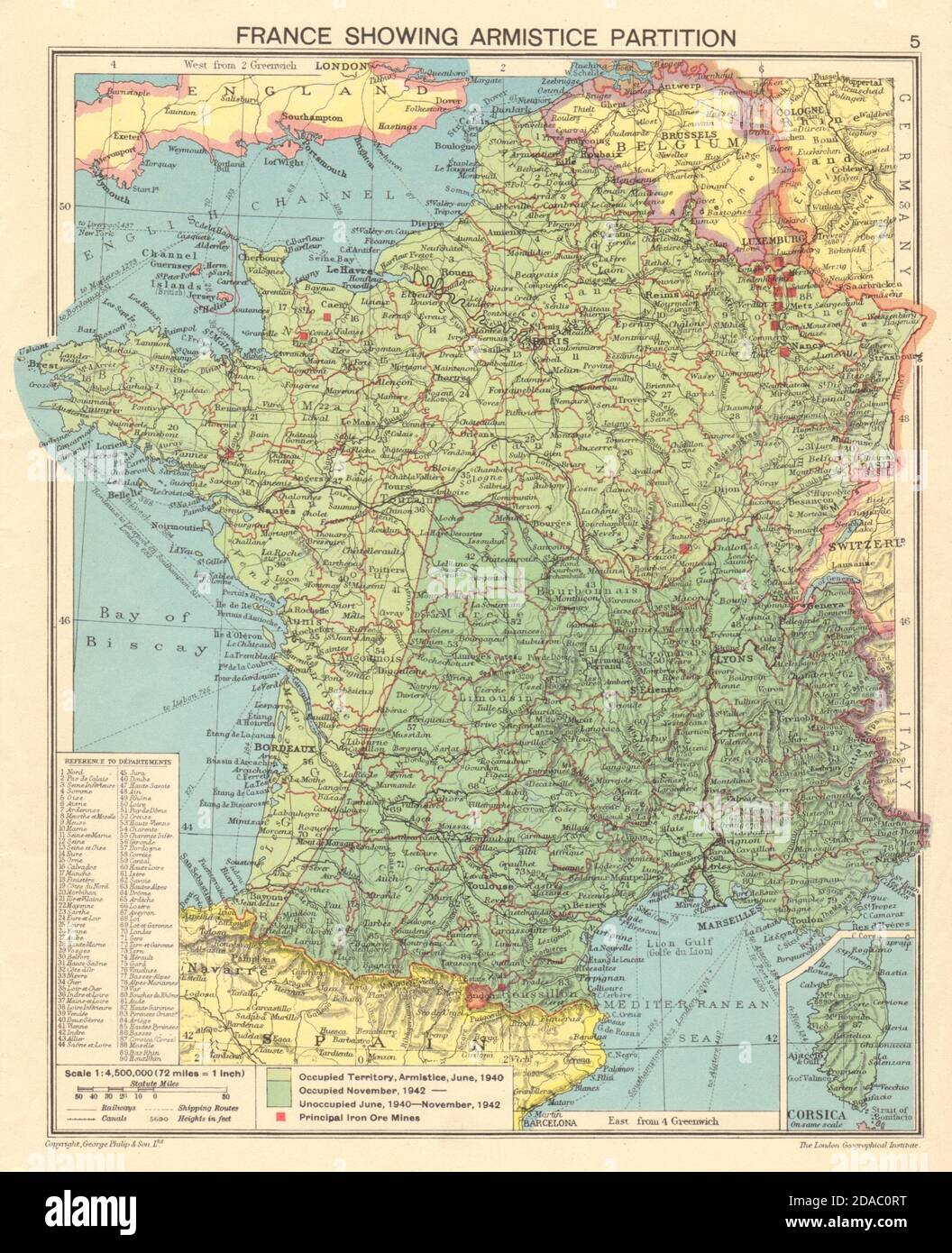 SECOND WORLD WAR FRANCE. Vichy & Nazi-occupied France. Armistice 1943 old map Stock Photo