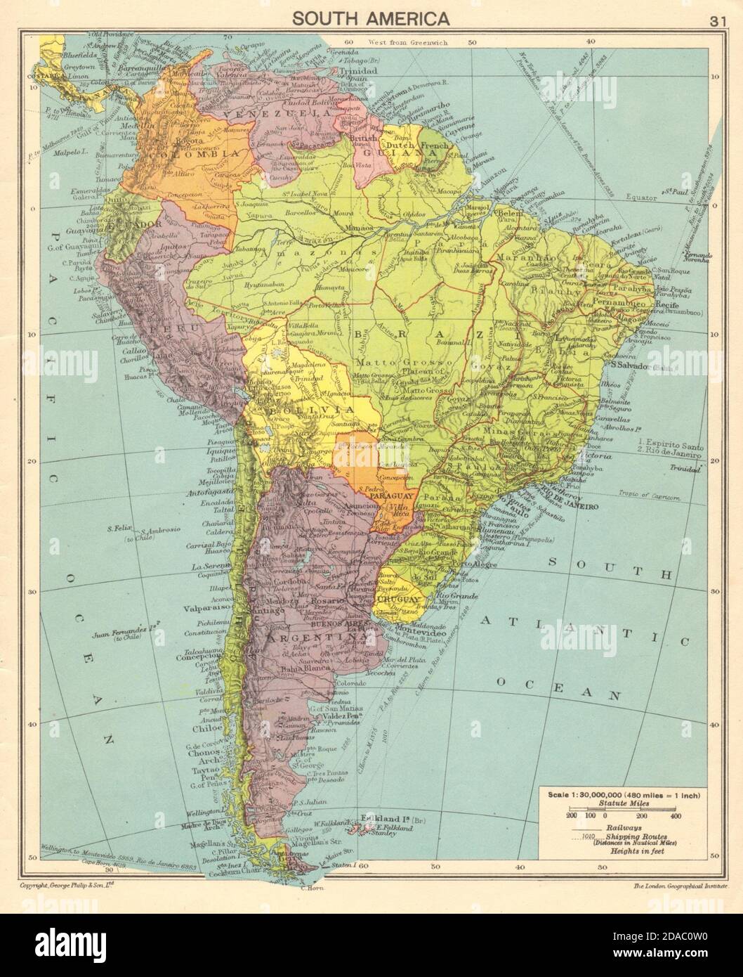 South America. Second World War 1943 old vintage map plan chart Stock Photo