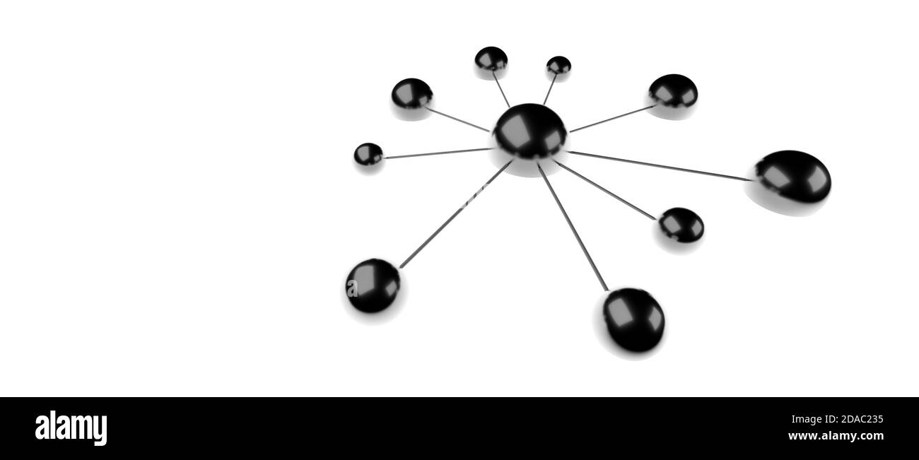 Connected black spheres, globes or balls, network connection, conceptual teamwork wallpaper on white background cgi render illustration Stock Photo