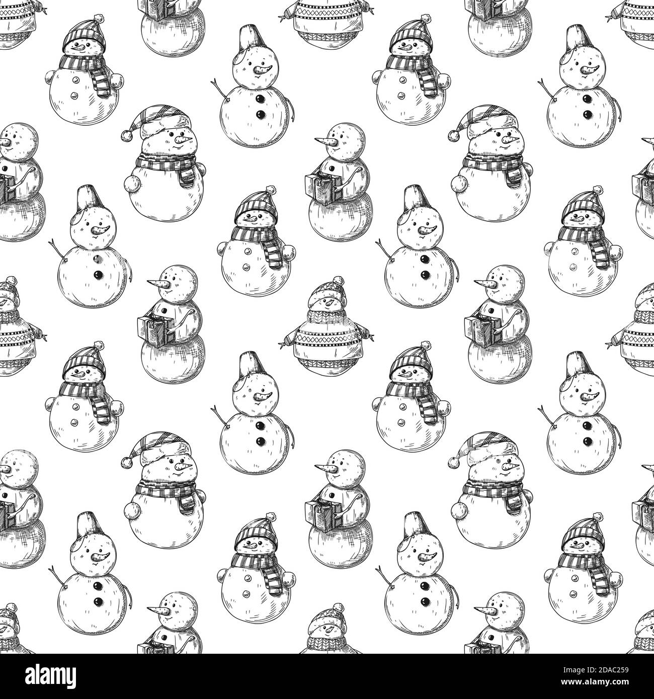 Christmas seamless pattern with snowmans. Sketch, vector Stock Vector