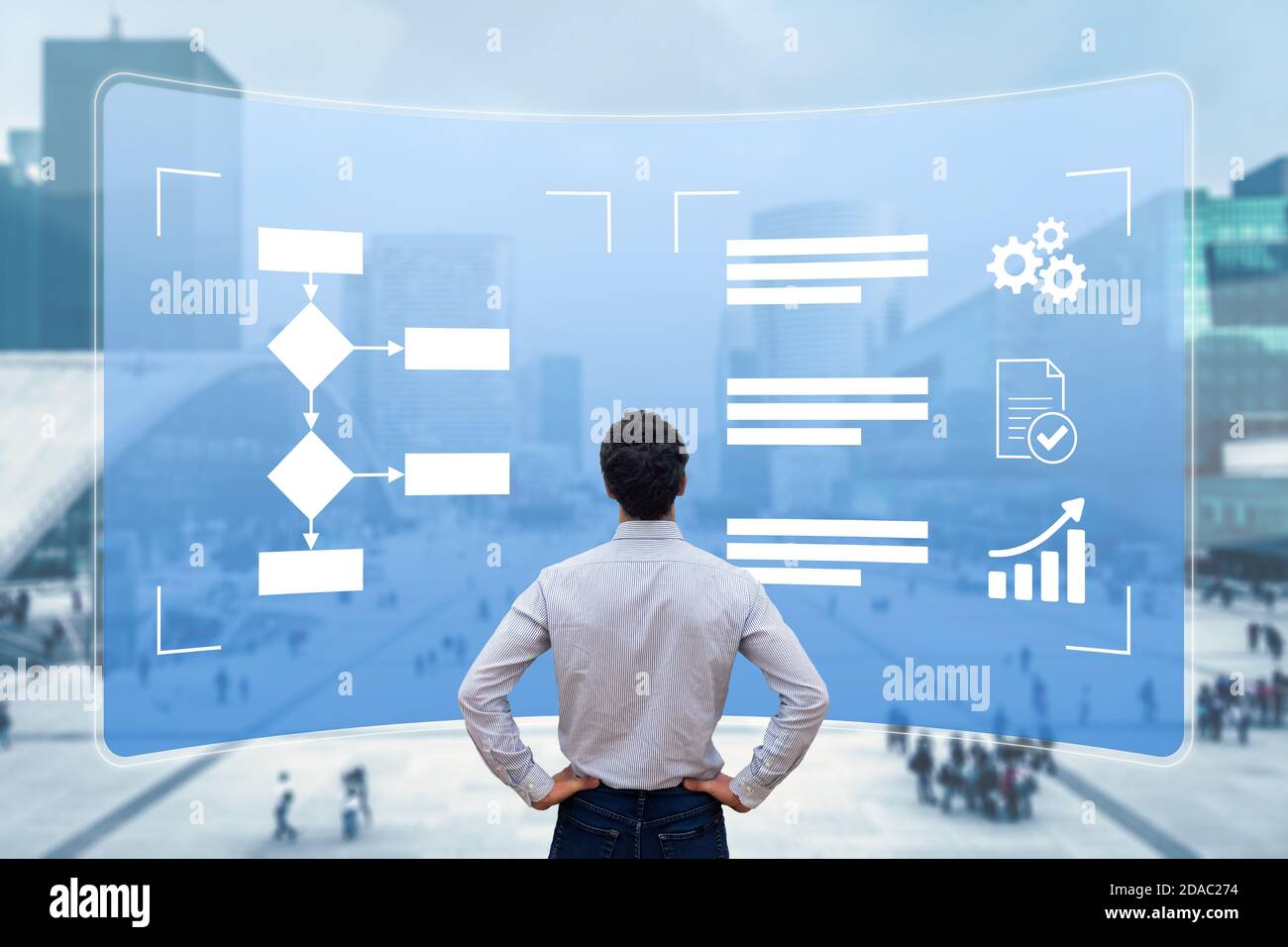 Business process management with flowchart to improve efficiency and productivity. Manager analysing workflow on computer screen to implement robotic Stock Photo