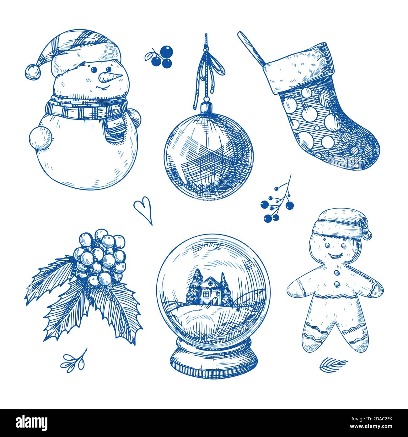 Christmas set. Different Christmas elements on a white background. Sketch, vector Stock Vector