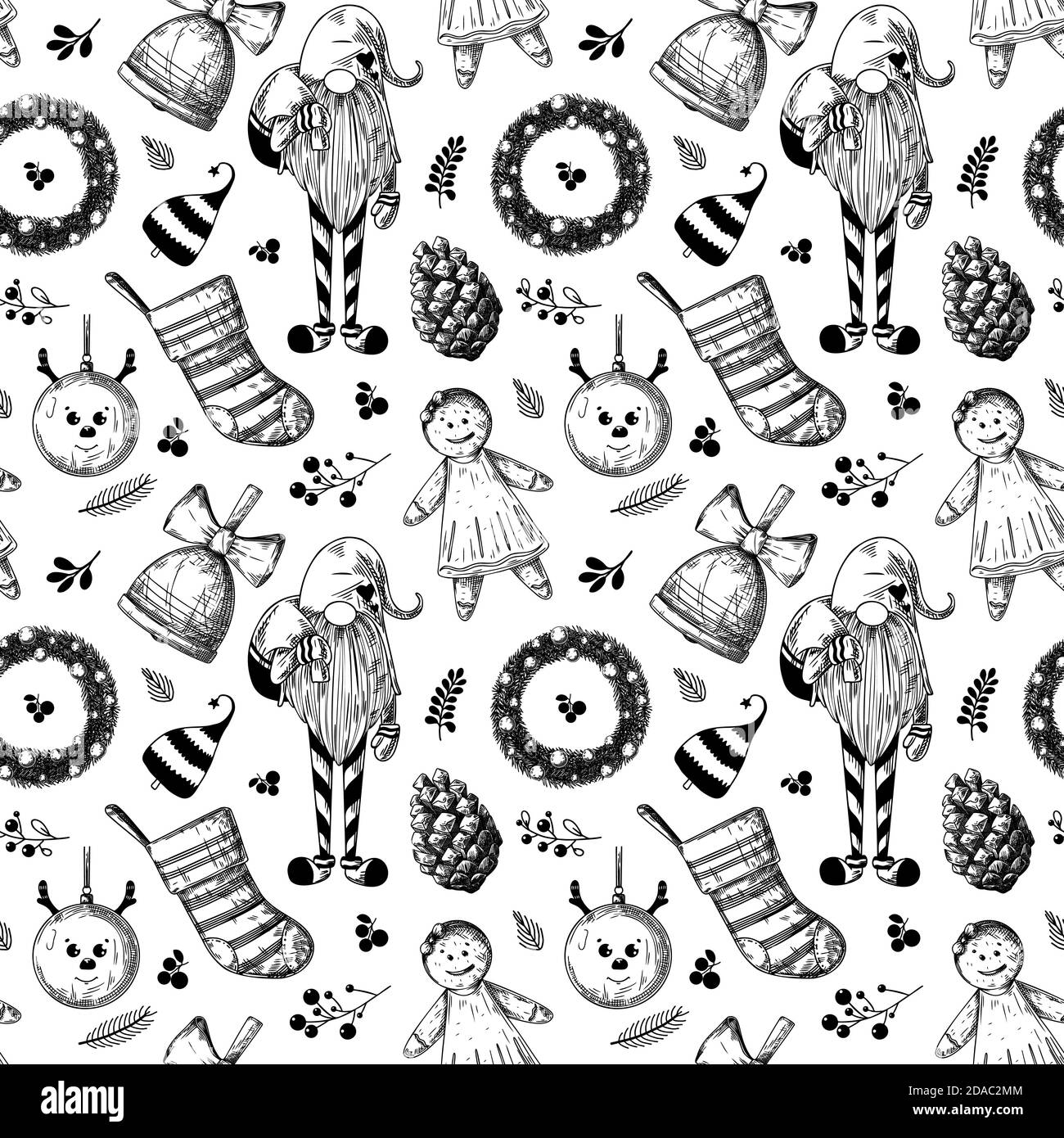 Christmas seamless pattern. Toys, snowman, wreath and other Christmas elements. Sketch vector Stock Vector