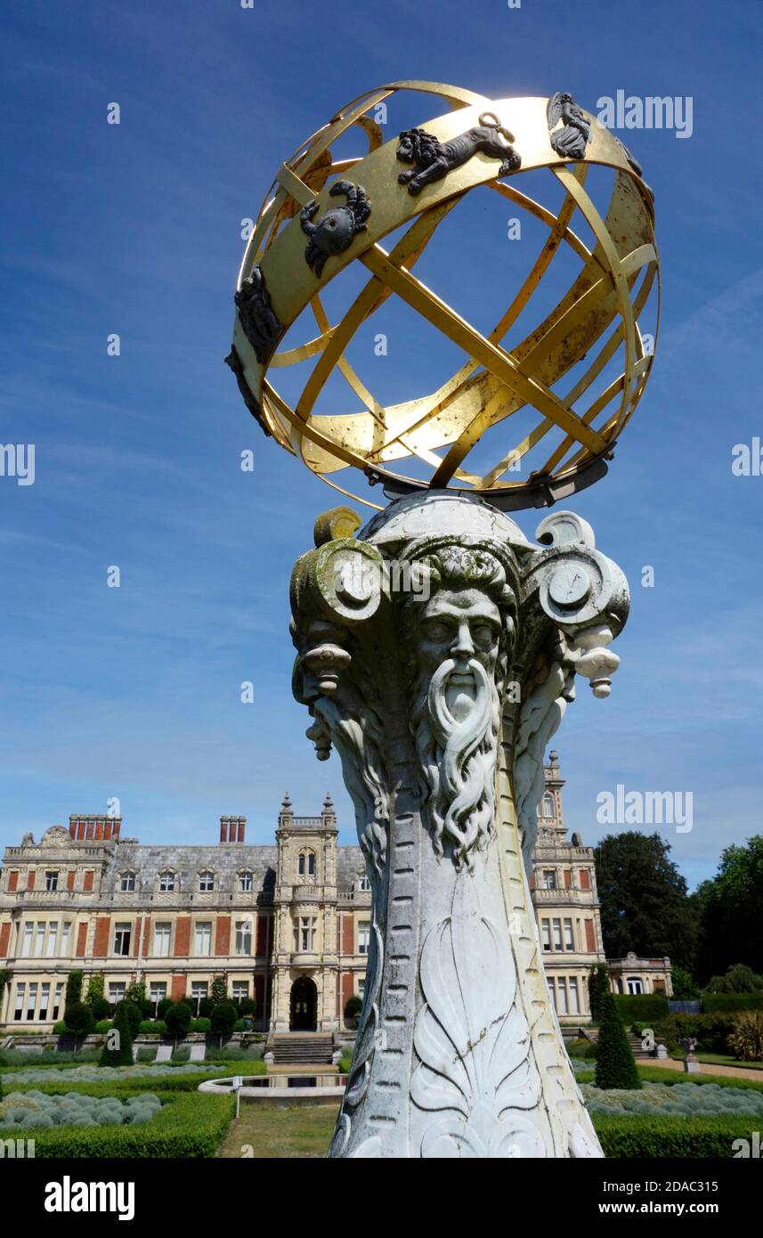An armillary sphere in front of Somerleyton Hall, Suffolk Stock Photo