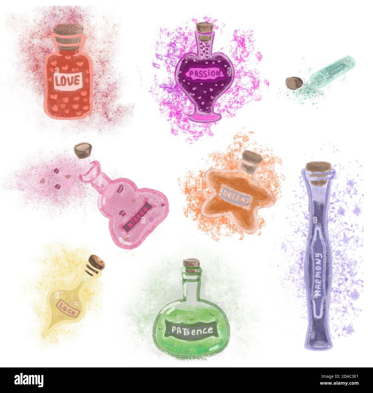 Magic bottles with love,passion,tender,patience,luck,dreams and harmony Stock Photo