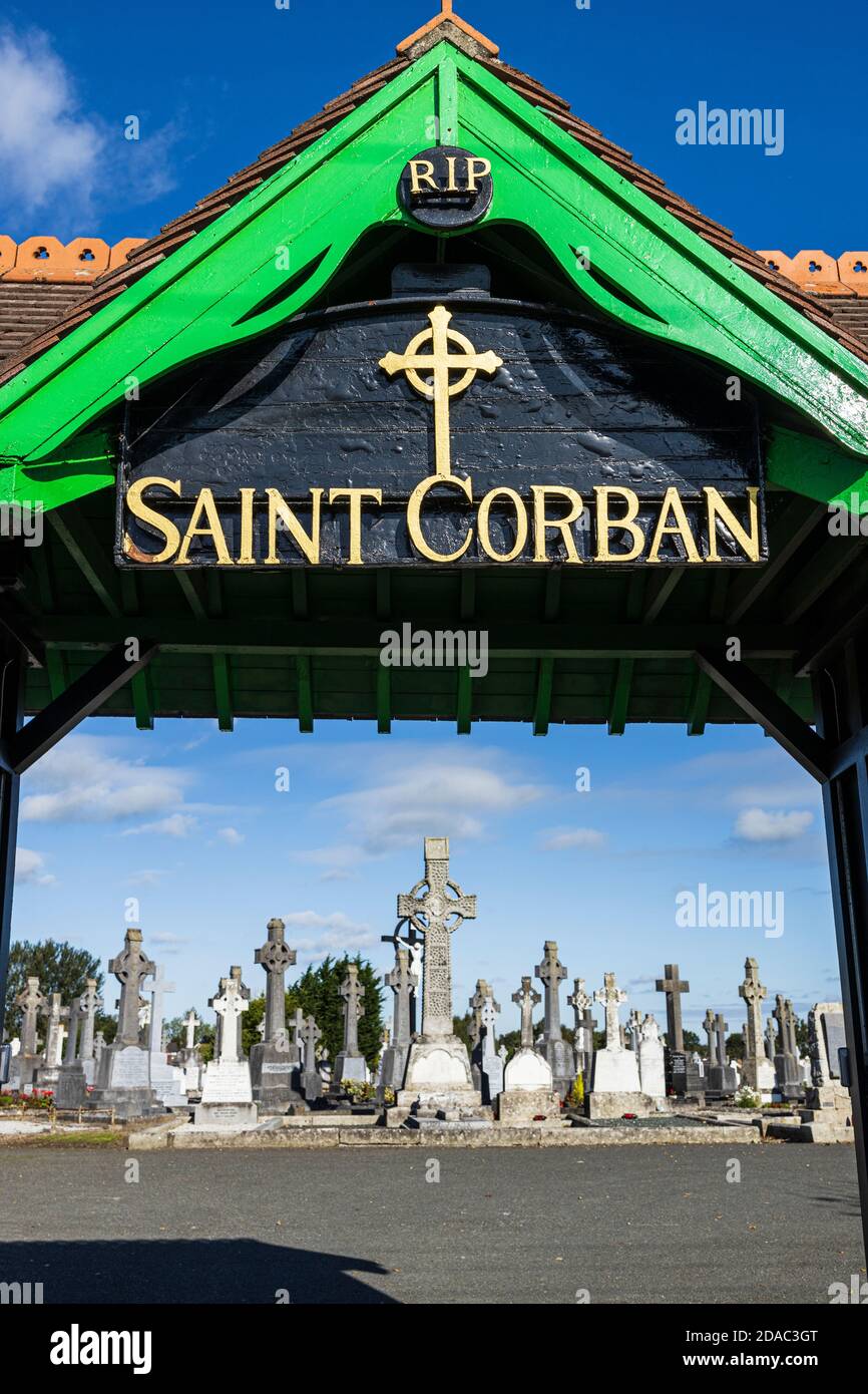 Saint Corban graveyard and celtic cross headstones, cemetary in Naas, County Kildare, Ireland Stock Photo