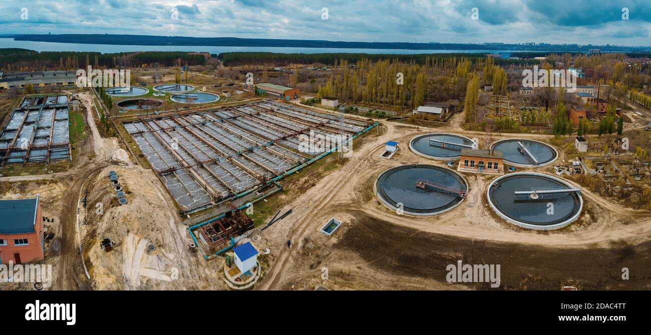 Sewage treatment plant, aerial view from drone Stock Photo