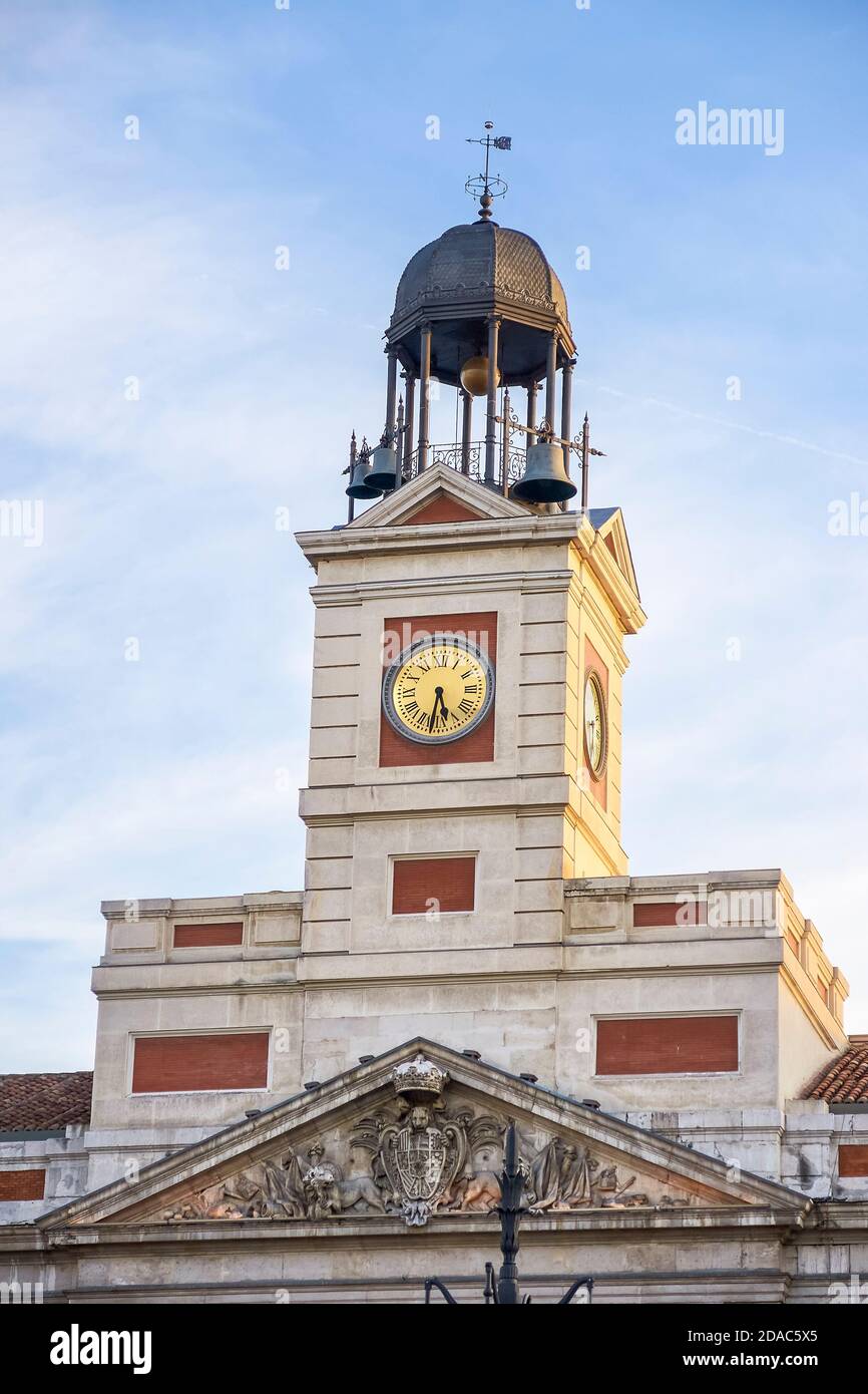 clock of the government, in the Puerta del Sol in Madrid, where the twelve chimes are celebrated every year. Madrid Spain Stock Photo