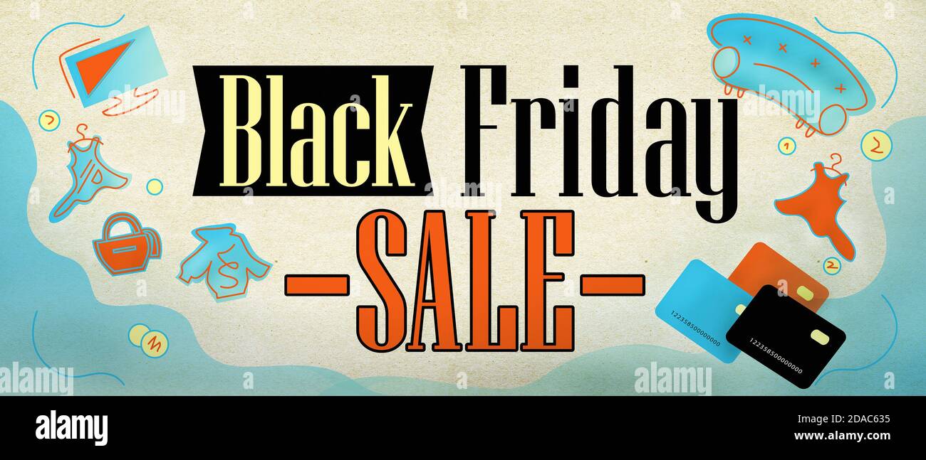 Black Friday 2020, online shoppig Facebook cover, web banner, illustration of smart consumption. Buying things: credit cards, sofa, clothes, bag, cosm Stock Photo
