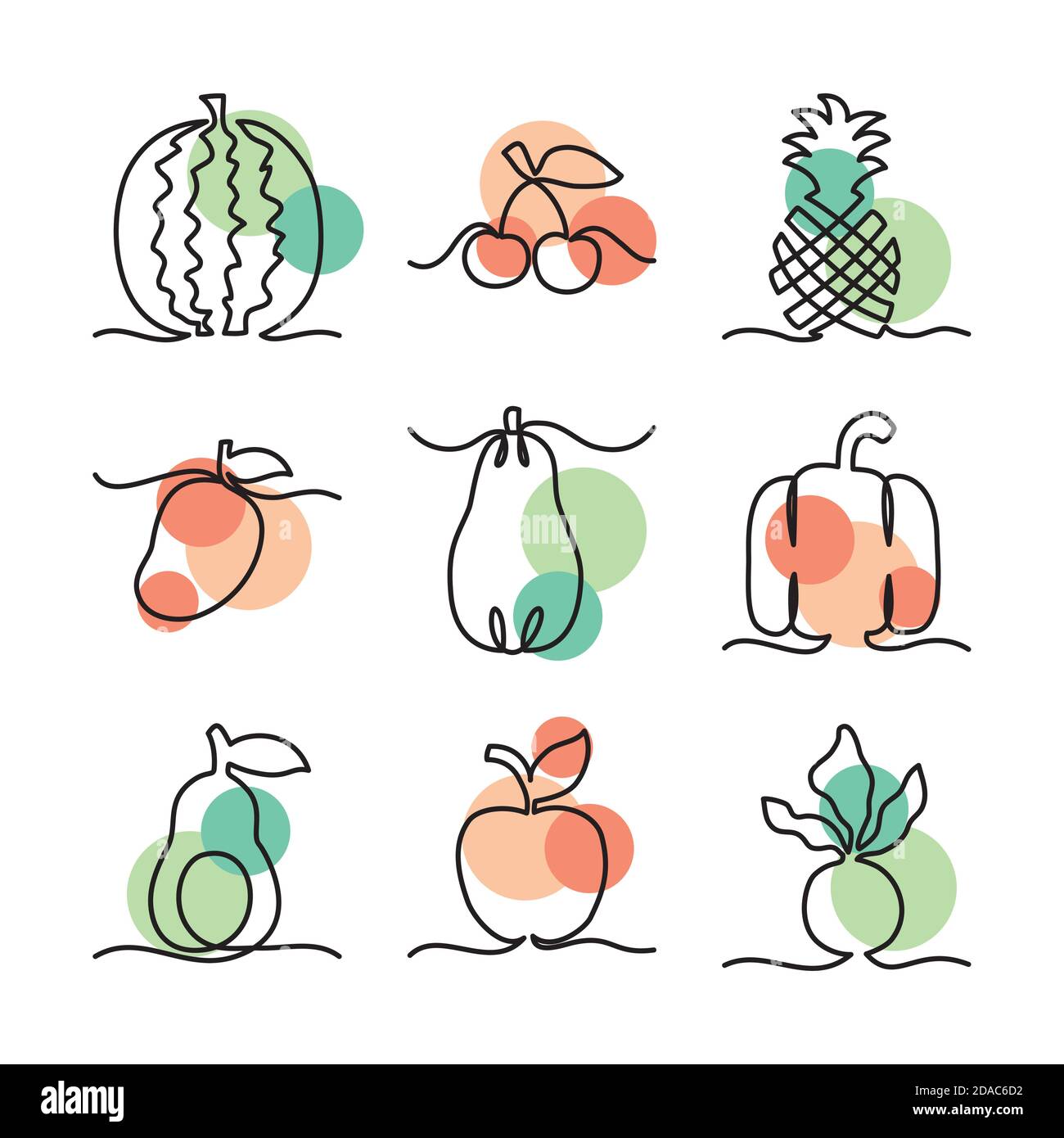 icons set of one line design of fruits and vegetables over white ...