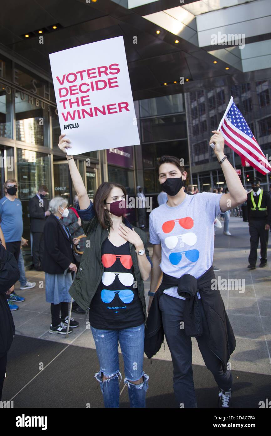 Pro-Biden demonstration and celebration on his victory at Columbus Circle in New York City on November 7, 2020. Stock Photo