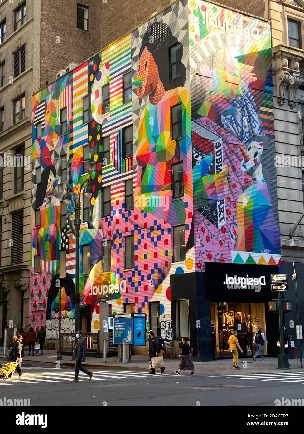 Colorful facade on the Desigual clothing store on 6th Avenue by Herald Square in Manhattan, New York City. Stock Photo