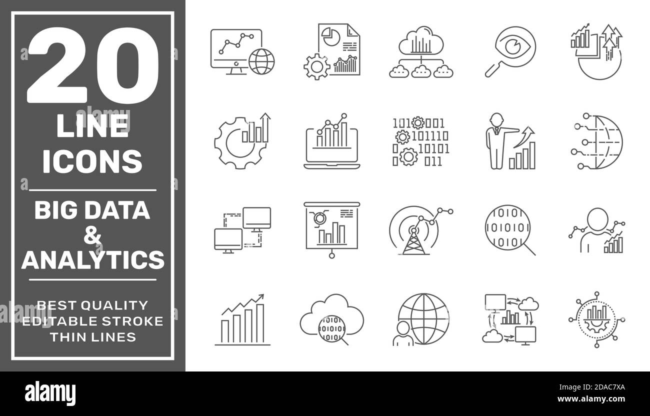 Set of data analysis related technology vector line icons. Contains such Icons as Charts, Graphs, Traffic Analysis, Data Analytics, Big Data and more Stock Vector