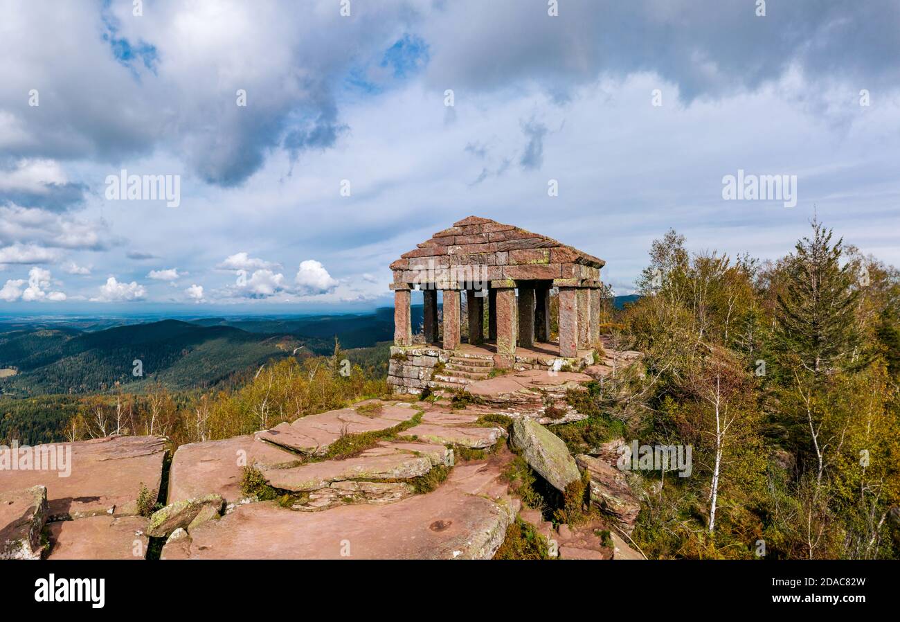 Monument on the Donon mountain peak in the Vosges. Historic sacred place where the rituals of the Celts and Proto-Celts took place. France. Stock Photo