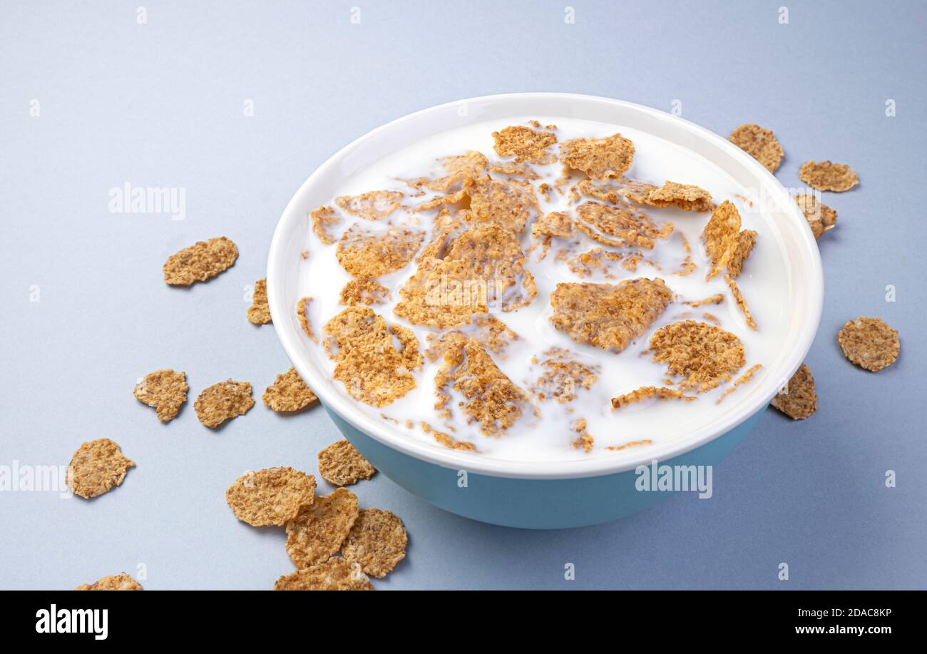 Bran flakes with milk, healthy breakfast, top view Stock Photo Alamy