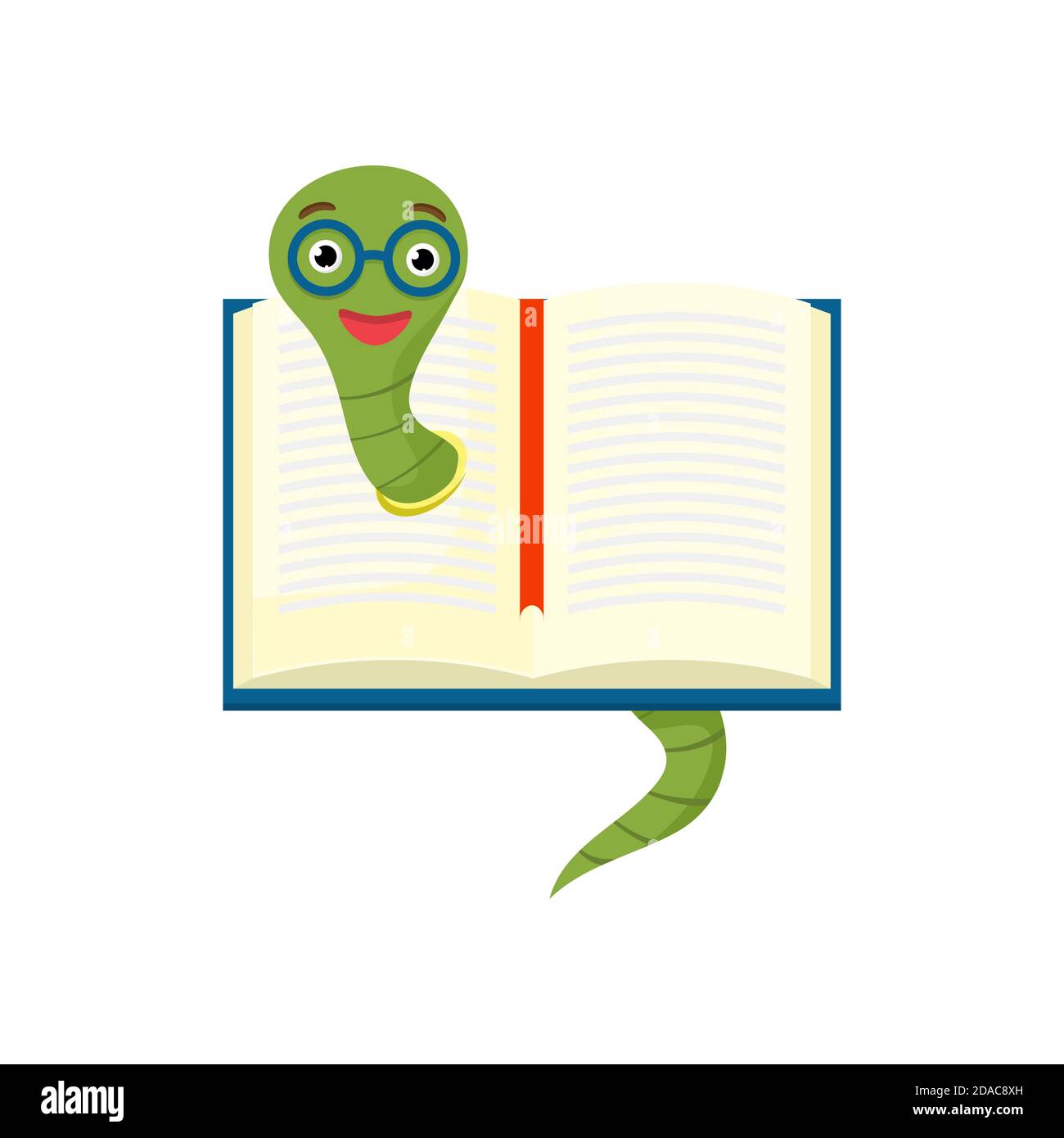 Cute bookworm with glasses pops out of an open book, isolated on white background. Education concept. Vector cartoon illustration. Stock Vector