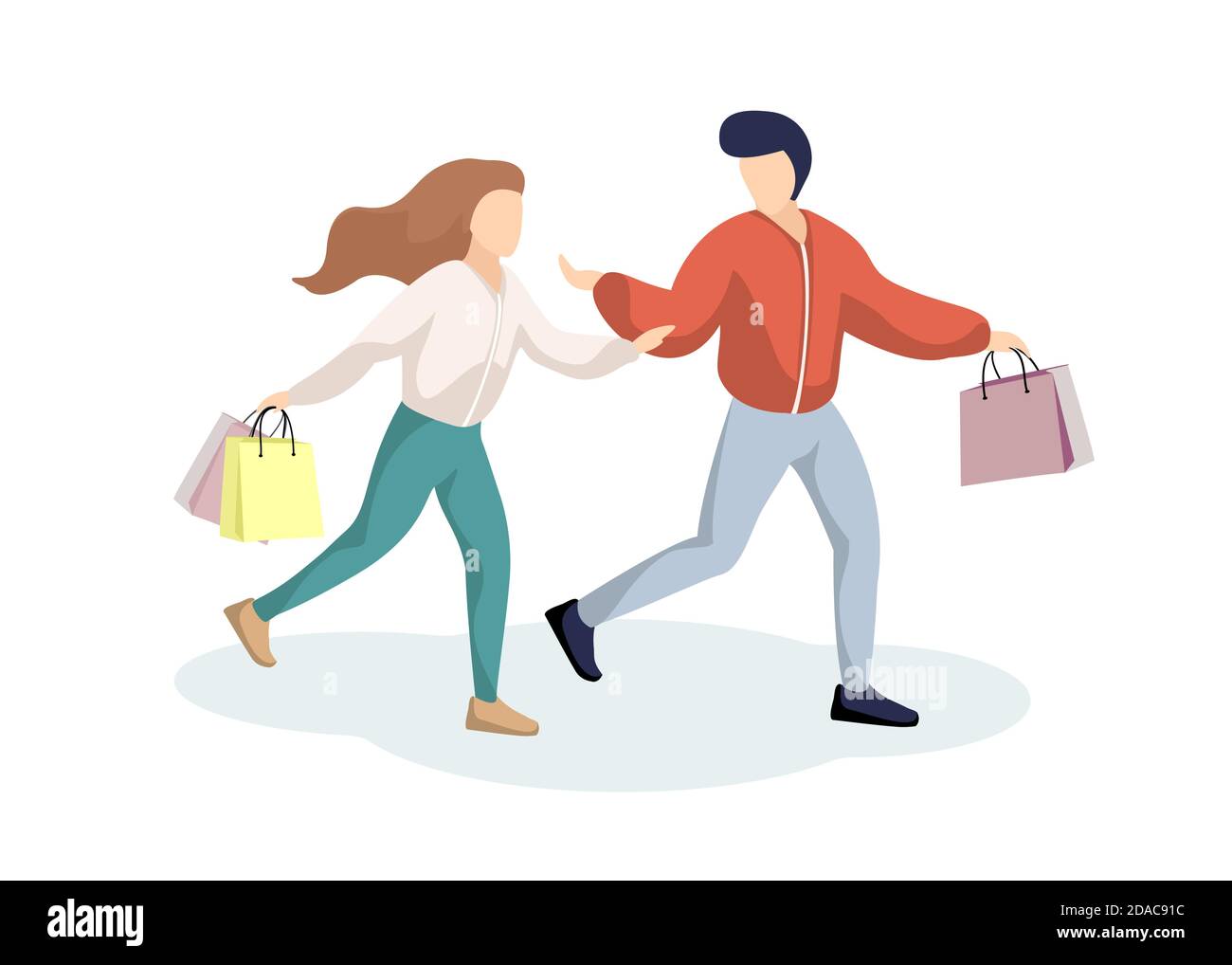 Young couple guy and girl have fun running in supermarket with shopping bags. Happy man and woman in store with purchases. Holiday sales shop retail consumer concept vector isolated illustration Stock Vector