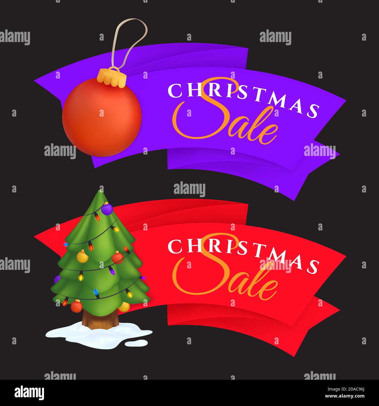 Christmas sale labels set with decorated evergreen tree and red decoration ball. Vector illustration of colorful festive tags or special offer banners Stock Vector