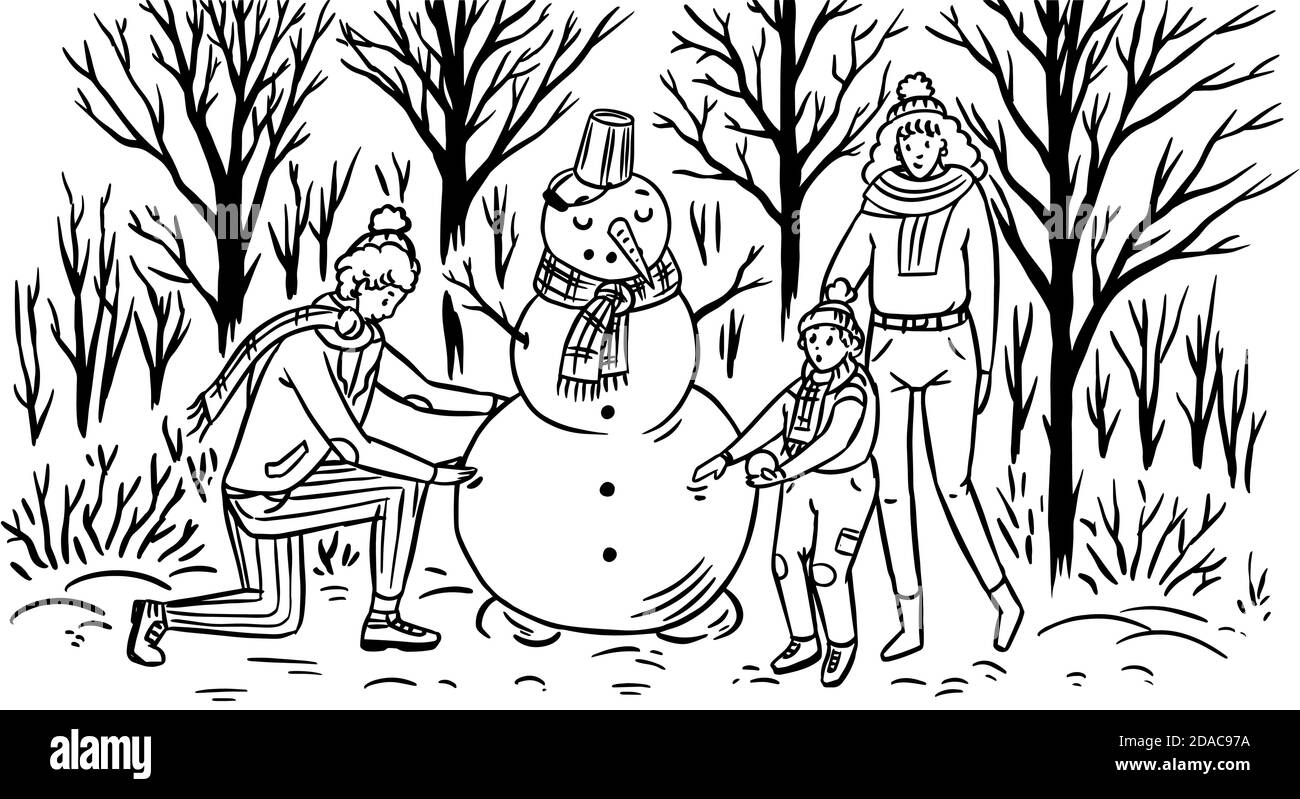 The family makes a snowman for Christmas. Mom Dad baby in the winter snowy forest. Cozy atmosphere. People in warm sweaters. Hand drawn sketch Stock Vector