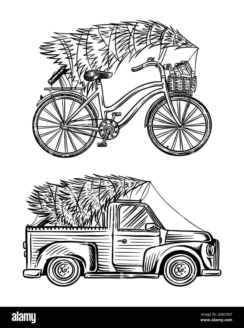 Car and Bicycle with a Christmas tree. Spruce in the luggage of the truck. Delivery concept. Vector illustration for label, badge, logo, postcard or Stock Vector