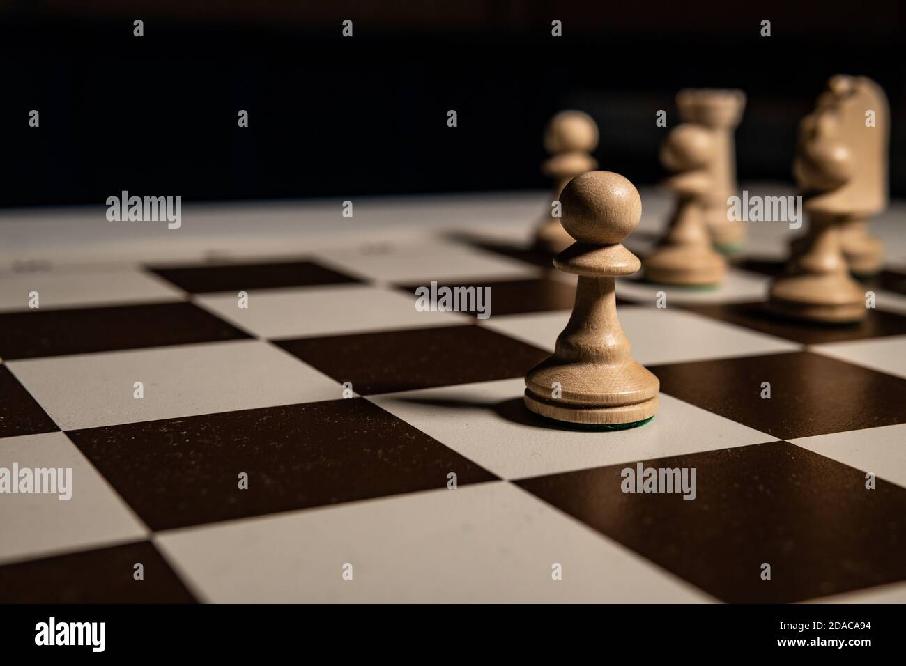 Play wood chess on an ivory board, white and rook figures, queens and kings, horses table in the dark, stylish for advertising design. Stock Photo