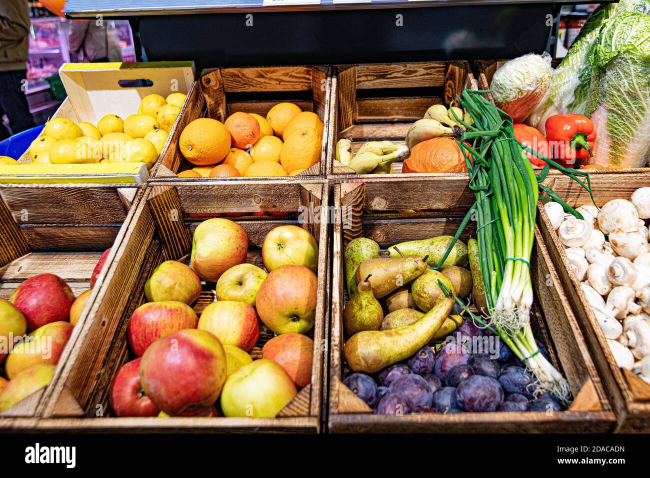 Boxes of vegetables and fruits in the shop Stock Photo - Alamy