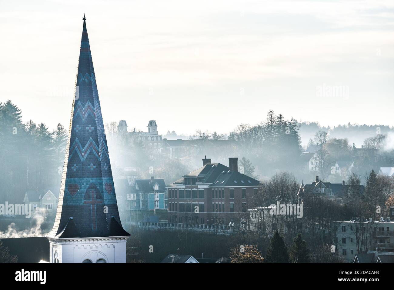 Steeples, towers, roofs and chimneys of Montpelier, capital of the state of Vermont, New England, USA. Stock Photo