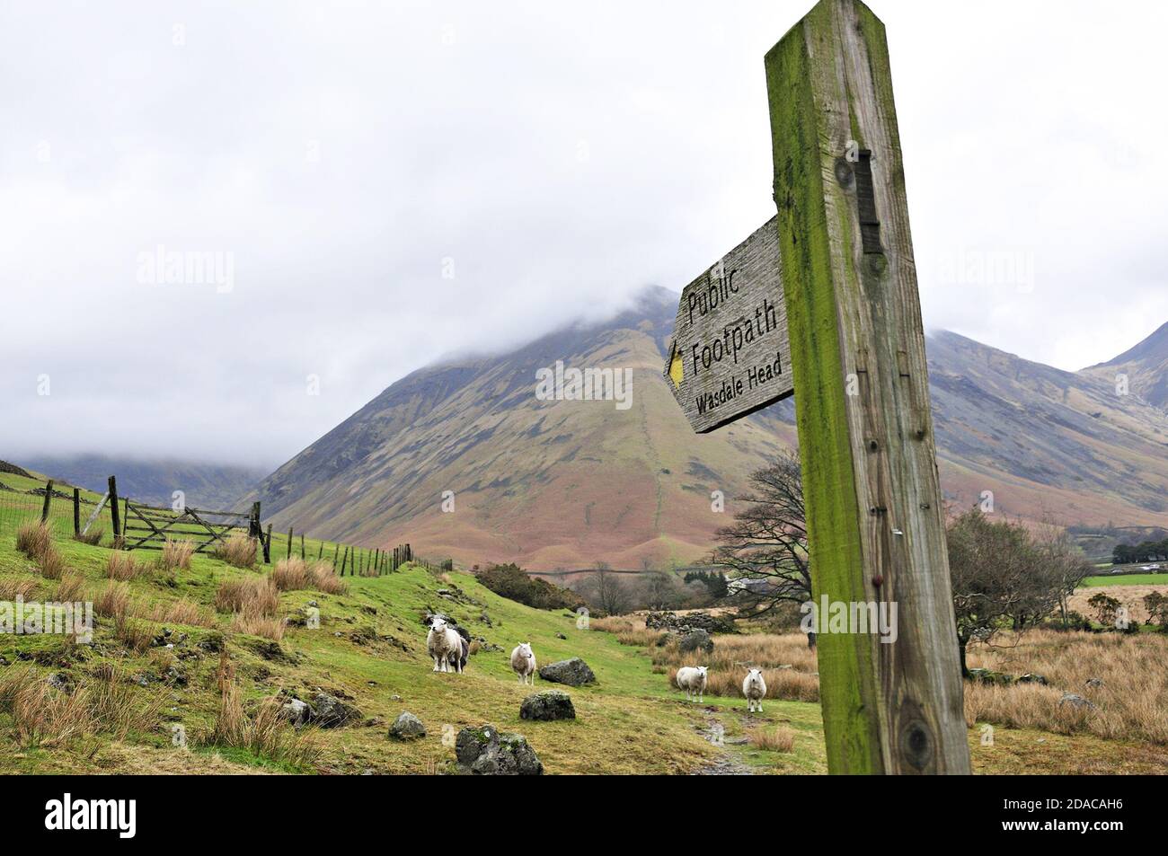 Signpost showing public footpath to Wasdale Head with low cloud over the lakeland fells in the Lake District, Cumbria, England, UK Stock Photo