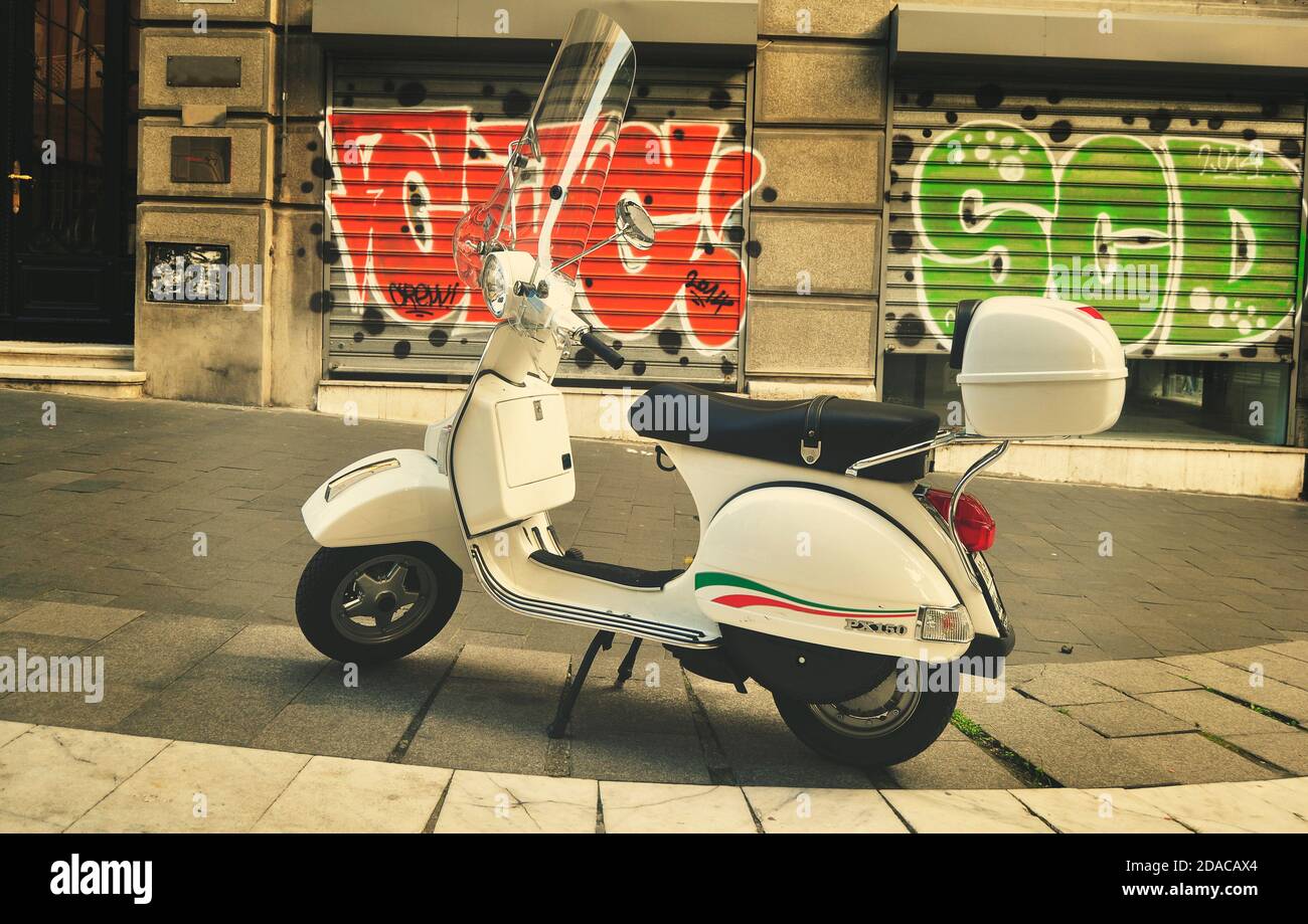 Small Vespa scooter motorcycle on the street in Belgrade, Serbia Stock