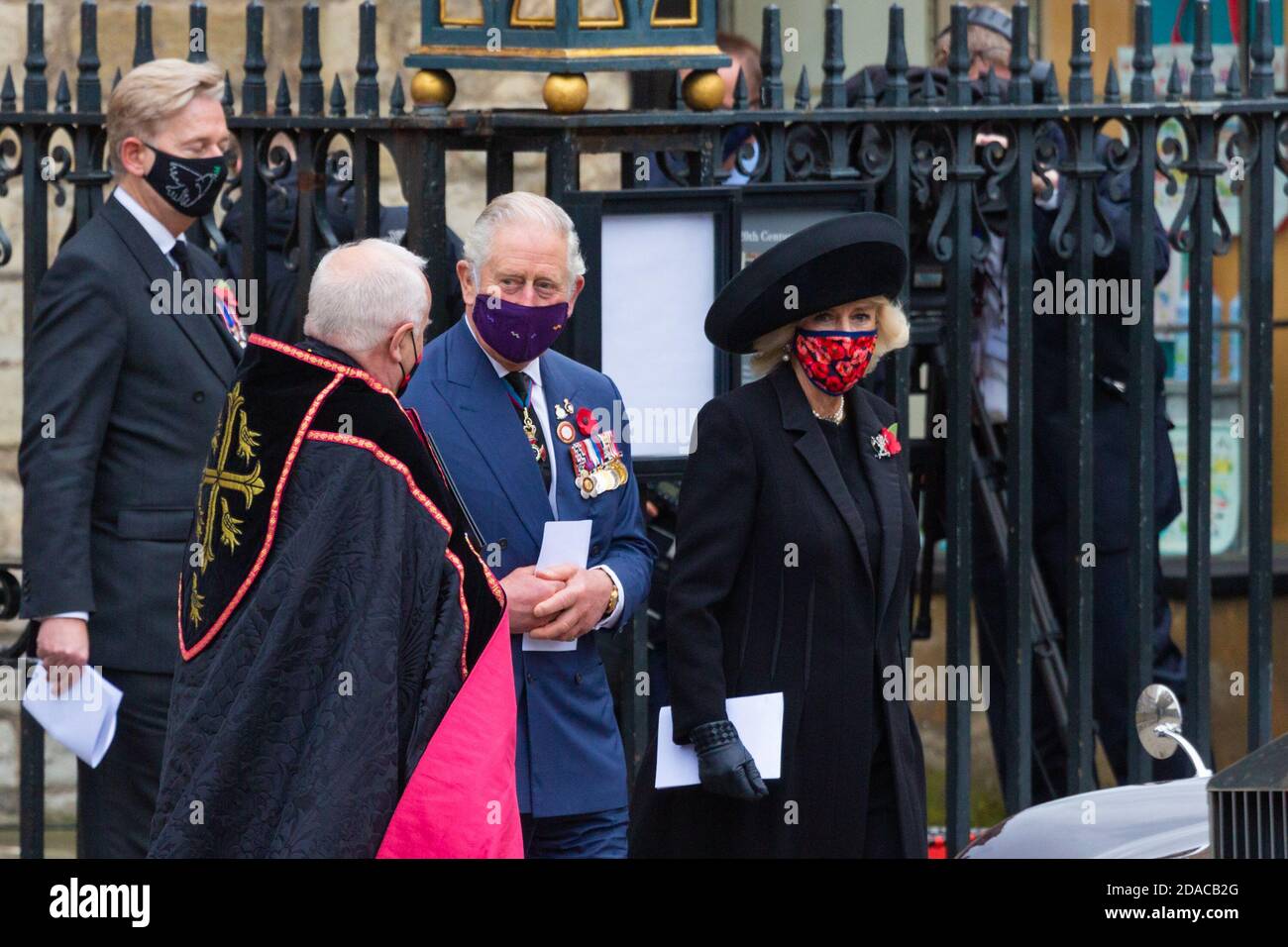 Royals HRH Prince Charles and Camilla Parker Bowles exit Westminster Abbey after the Remembrance day ceremony 11-11-2020 London, uk Stock Photo