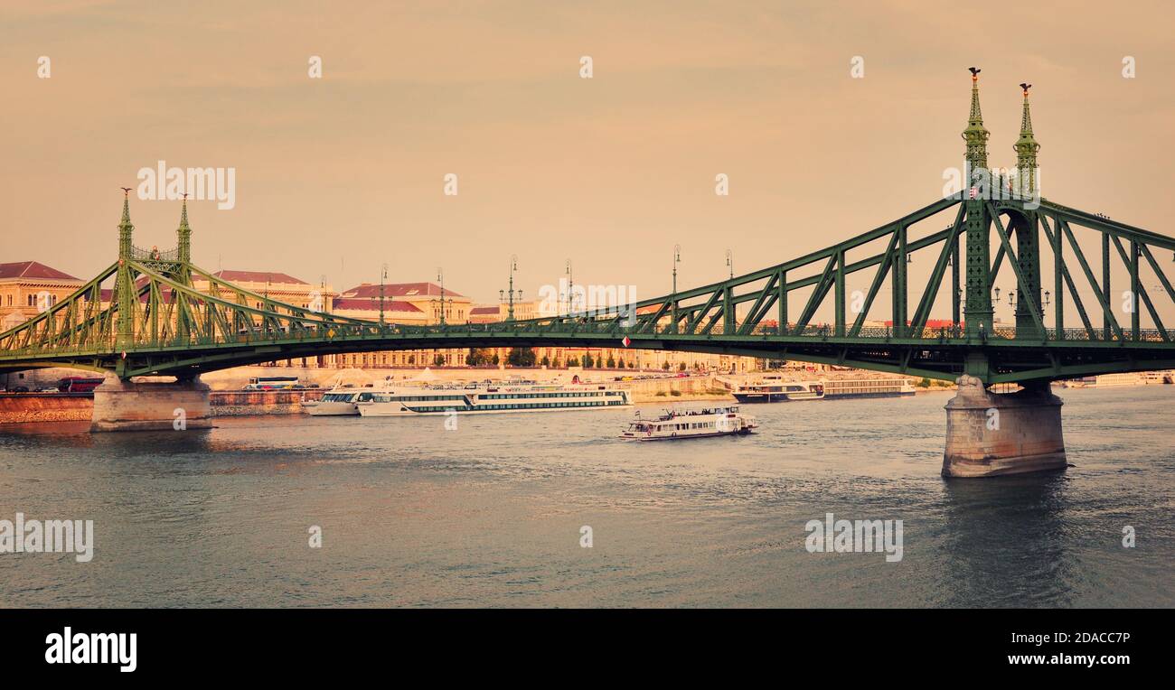 Liberty bridge across the Danube river connecting Buda and Pest, Budapest, Hungary Stock Photo