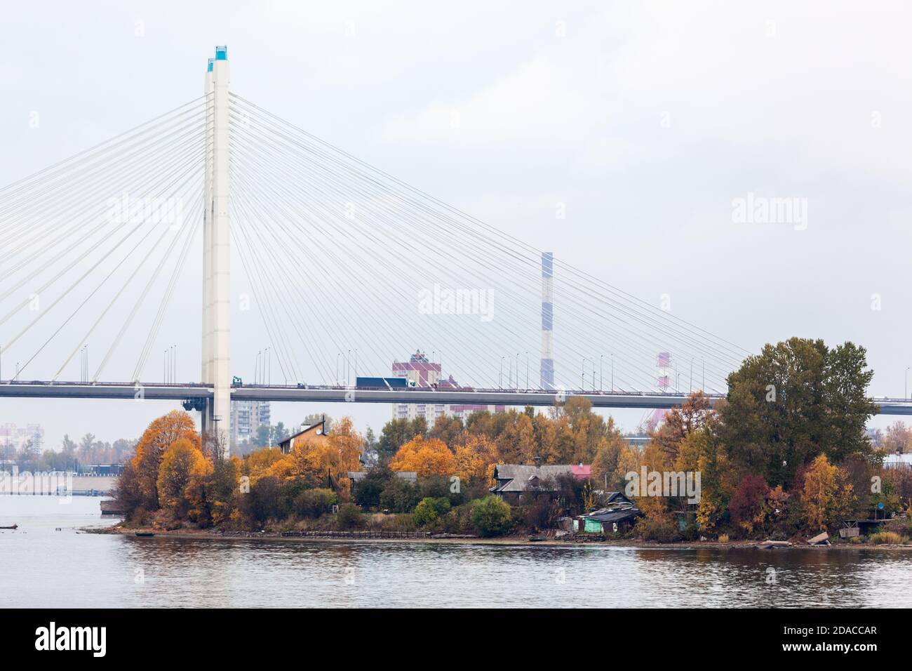 The Bolshoi Obukhovsky Bridge across the Neva River in the Saint Petersburg, Russia at autumn season. It is not a drawbridge Stock Photo