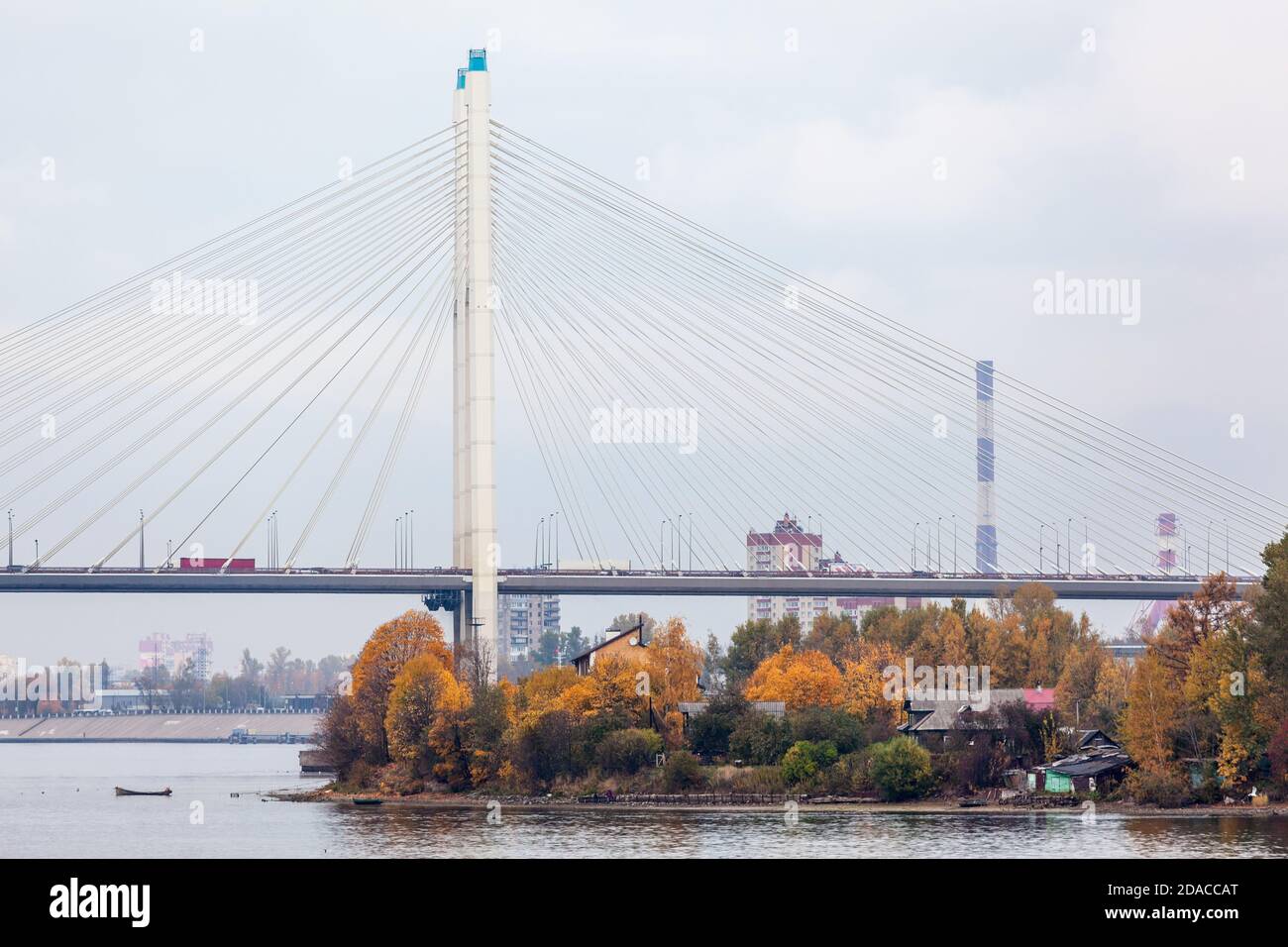 The Bolshoy Obukhovsky Bridge across the Neva River in Saint Petersburg, Russia at autumn season Stock Photo