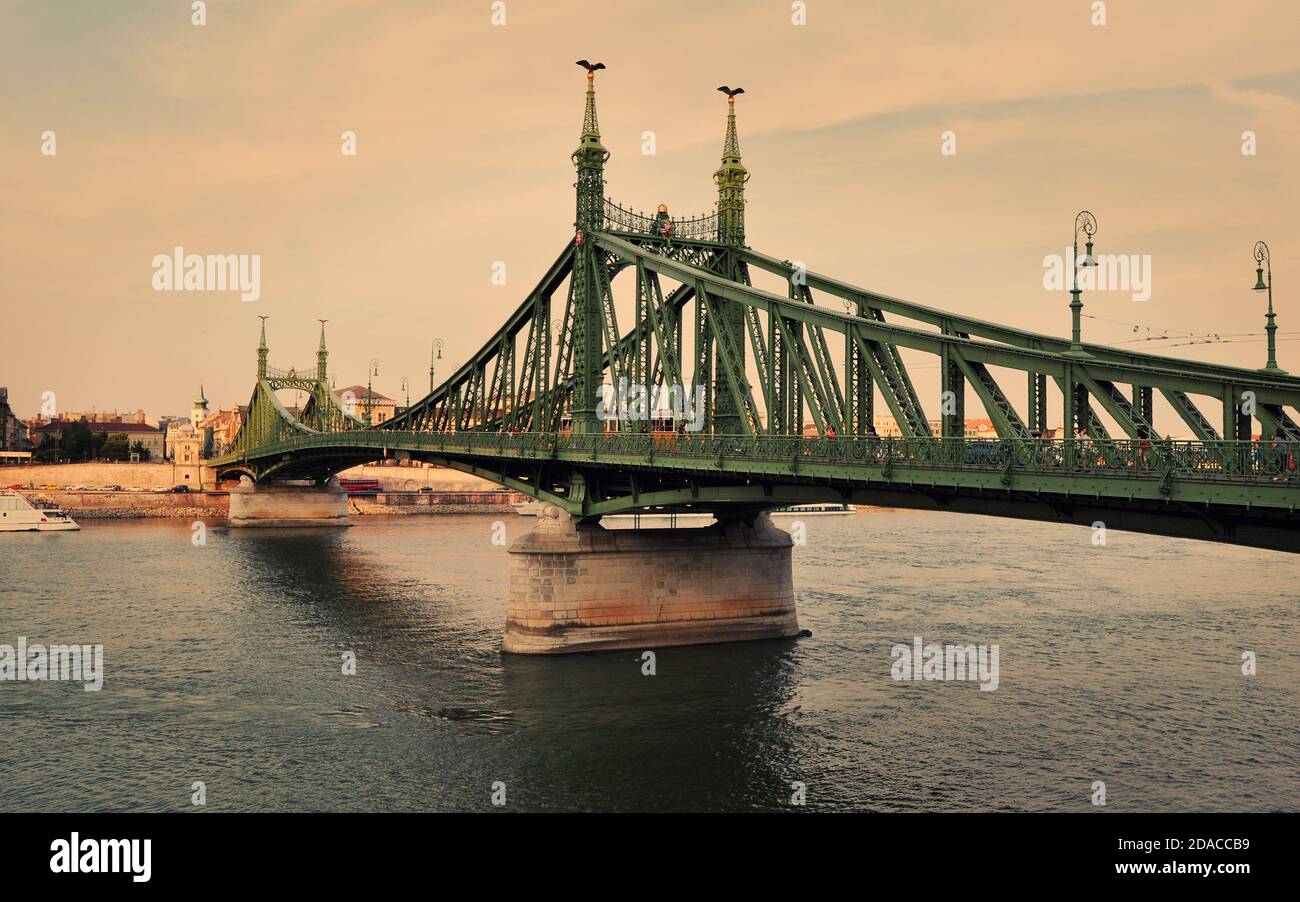 Liberty bridge across the Danube river connecting Buda and Pest, Budapest, Hungary Stock Photo