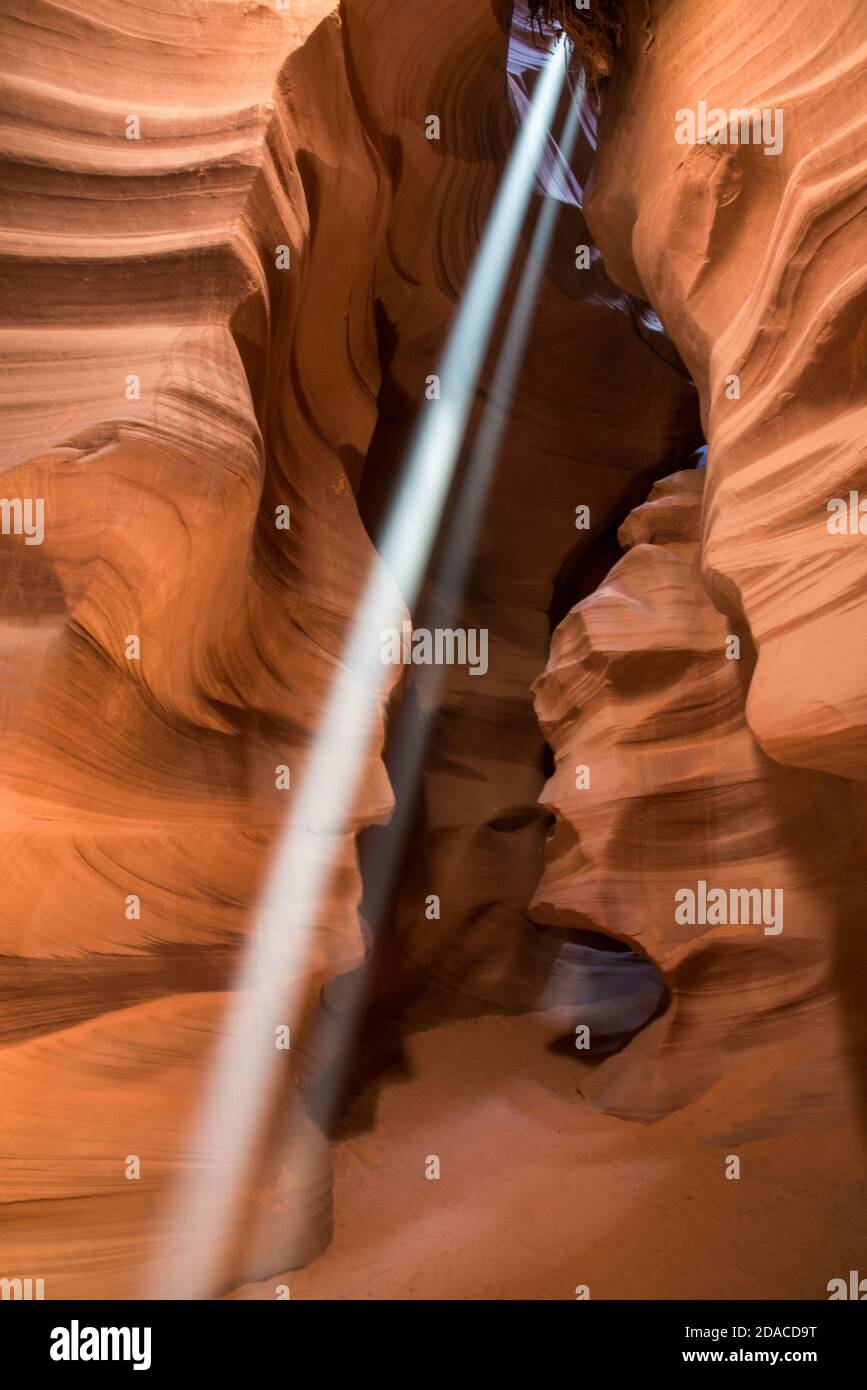 A double sun beam in Navajo Upper Antelope slot canyon, Arizona, USA Stock Photo