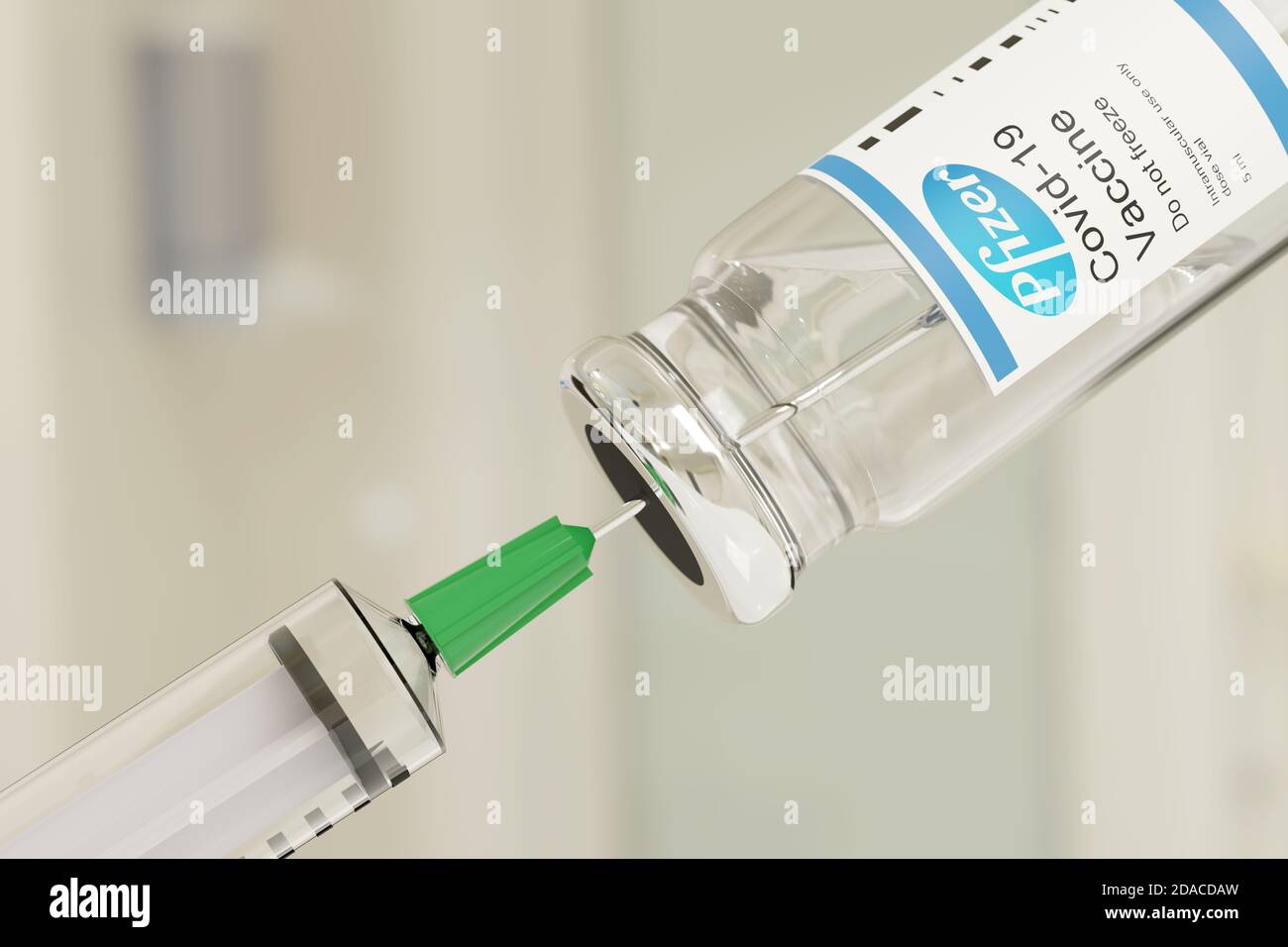 Buenos Aires, Argentina - November 11: Pfizer Covid -19 vaccine vial and injection syringe isolated on white background. 3d illustration. Stock Photo